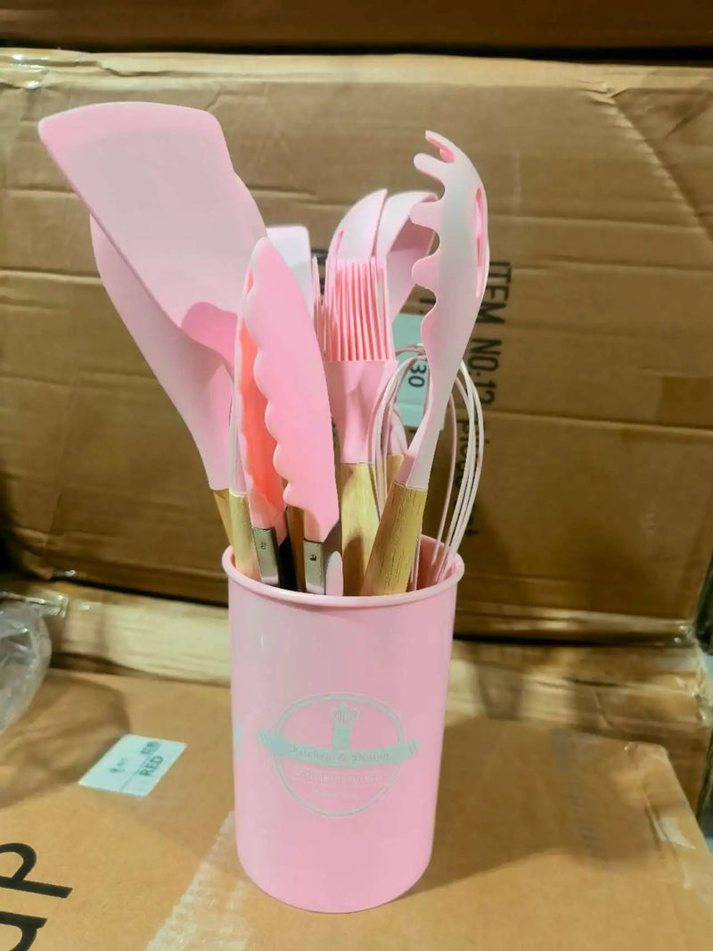 Jogo de Cozinha Kit C/12 Peças de Silicone, Utensílios e Copo Suporte para Cozinha Cabo de Madeira Su