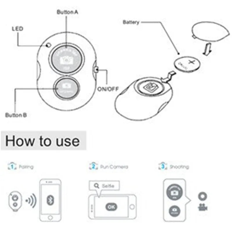 Compatível com Bluetooth Mini Camera Controle Remoto, Photo Shutter, Botão de Liberação, Selfie Telefone, IOS, Smartphones Android