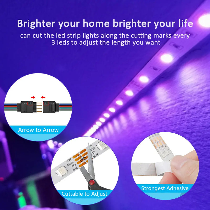 Luzes de tira LED para festa doméstica, iluminação RGB, sincronização de música, mudança de cor, 5050 ,5V, 1m-5m, 16 milhões de cores