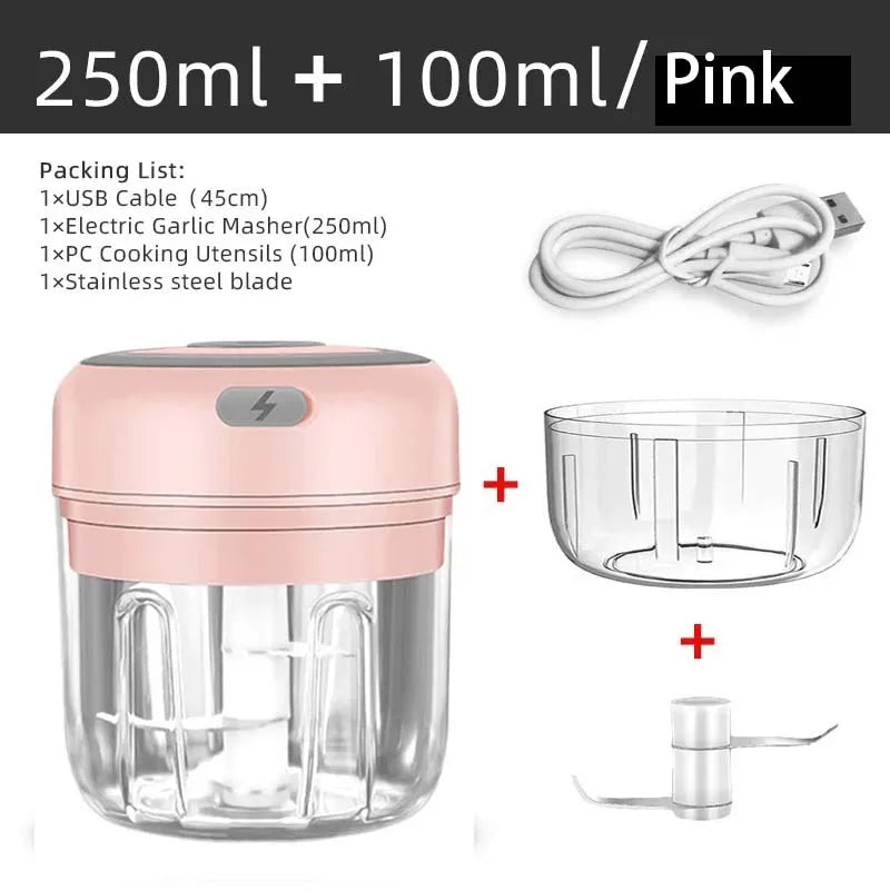Mini triturador de alho elétrico sem fio, Chopper portátil, Carregamento USB, Gengibre, Pimentão, Máquina de Masher Vegetal, Cozinha, 100ml, 250ml