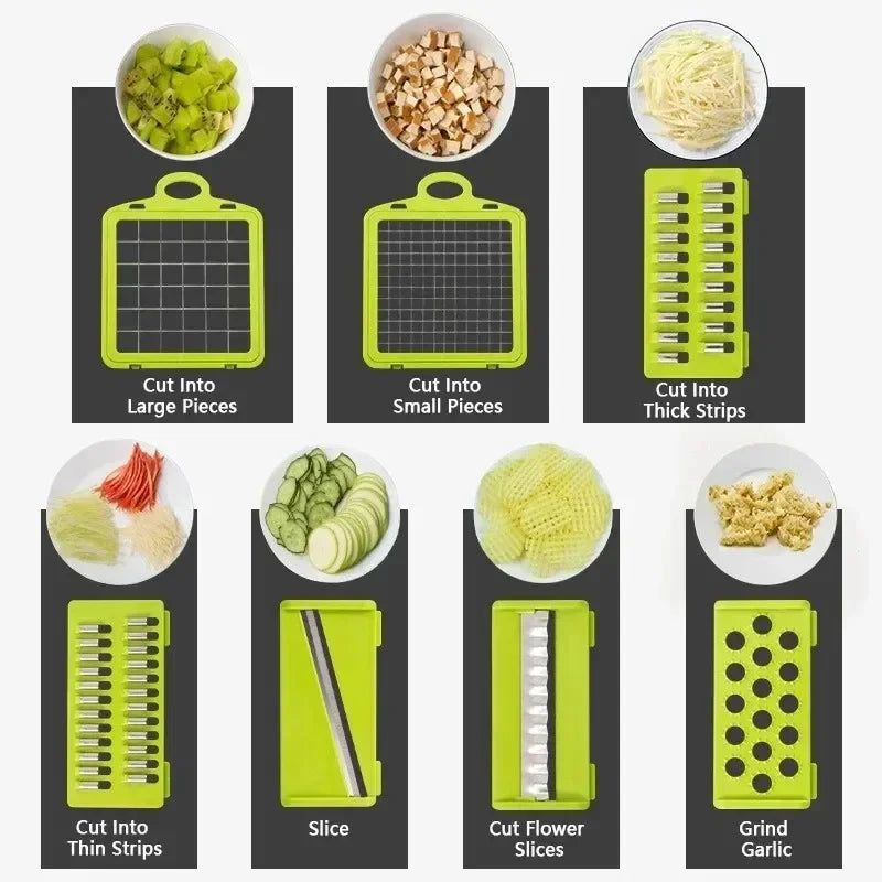 Chopper vegetal multifuncional com alça, grelha de comida, fatiador vegetal, Dicer, cortar itens de cozinha, 14 em 1, 16 em 1