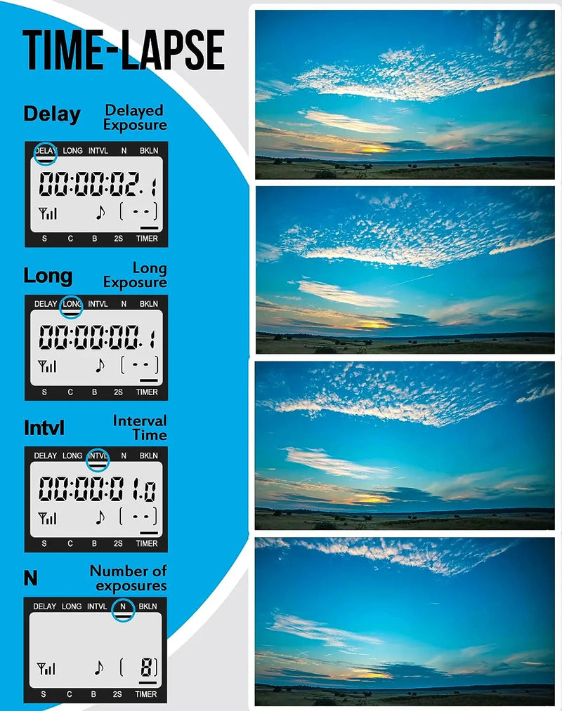 Câmera sem fio Timer Shutter Release, Intervalômetro Timelapse, controle remoto para Canon, Sony, Nikon Bulb, tiro contínuo WTR-2