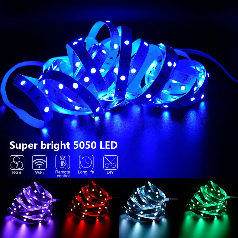 Luzes de tira LED para festa doméstica, iluminação RGB, sincronização de música, mudança de cor, 5050 ,5V, 1m-5m, 16 milhões de cores